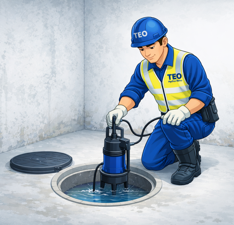 Homme en uniforme inspectant une pompe dans un regard d'inspection.