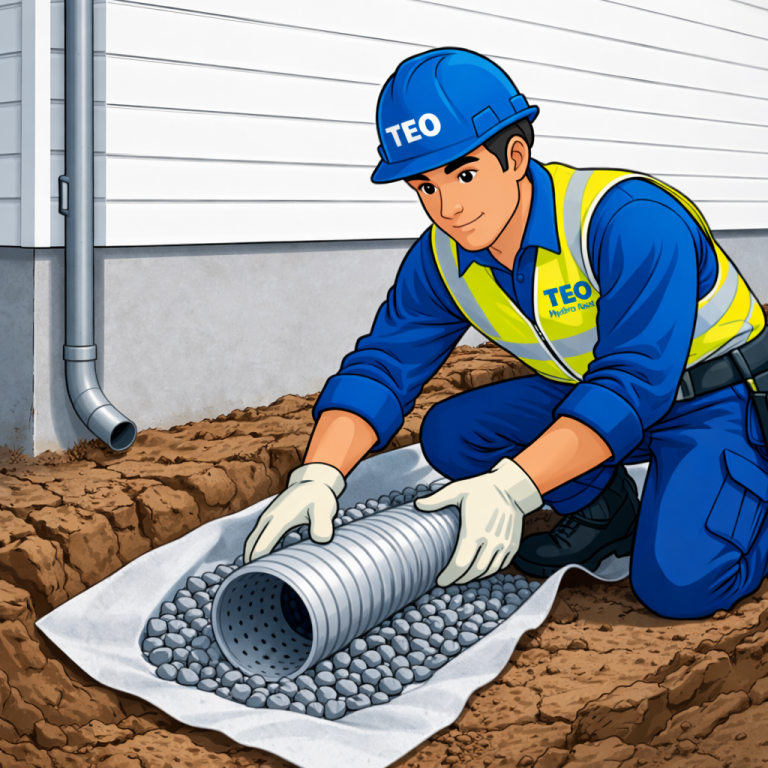 Un ouvrier pose un tuyau en PVC sur un lit de gravier, en creusant le sol.